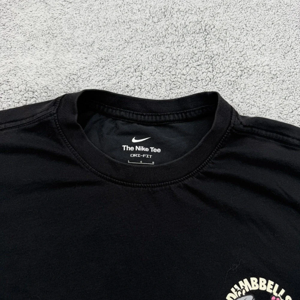 Nike Shirt Men Large Black Graphic Dumbells 4 Donuts Swoosh Gym Crew Dri Fit Tee